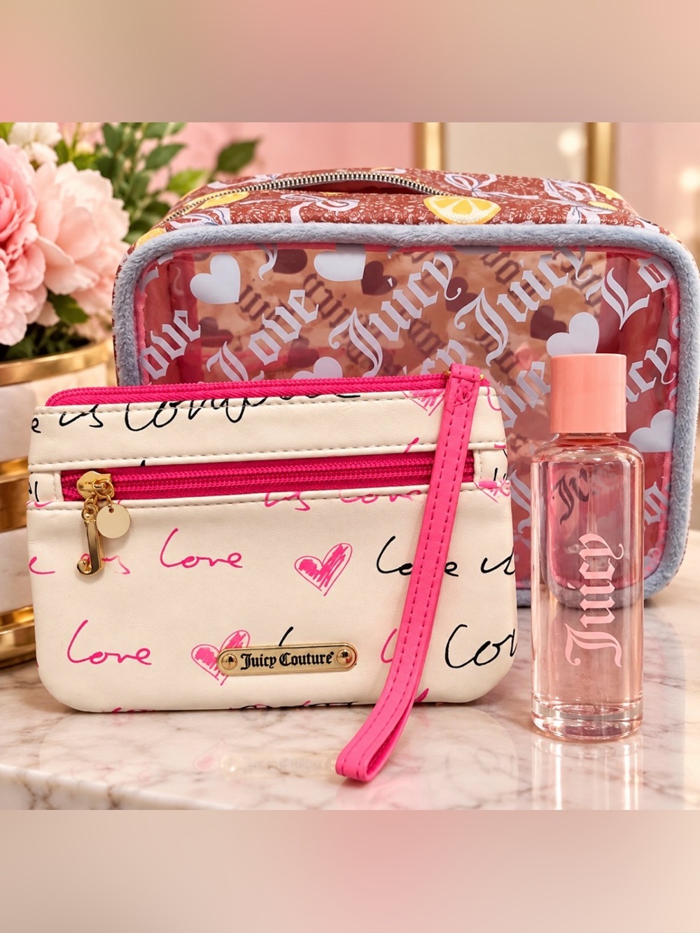 JUICY COUTURE Pink and Cream Love Print Wristlet and Cosmetic Pouch Duo